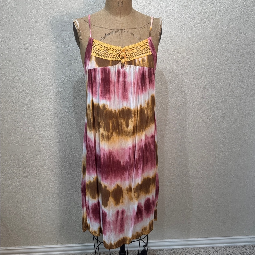 Easel Women Large Pink White‎ Tie-Dye Crochet Sleeveless Tie Back Midi Dress NWT